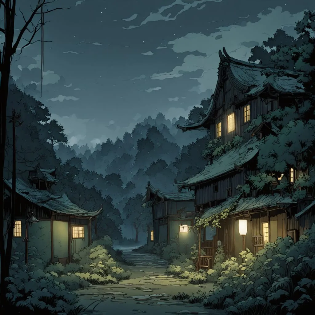 Two lights ascending from a Japanese village at dawn